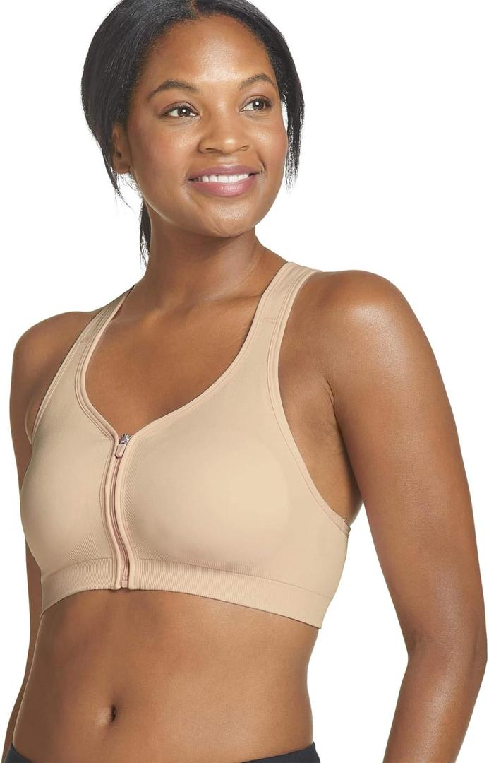 Jockey Women's Mid Impact Zip Front Sports Bra (X-Large, Nude)