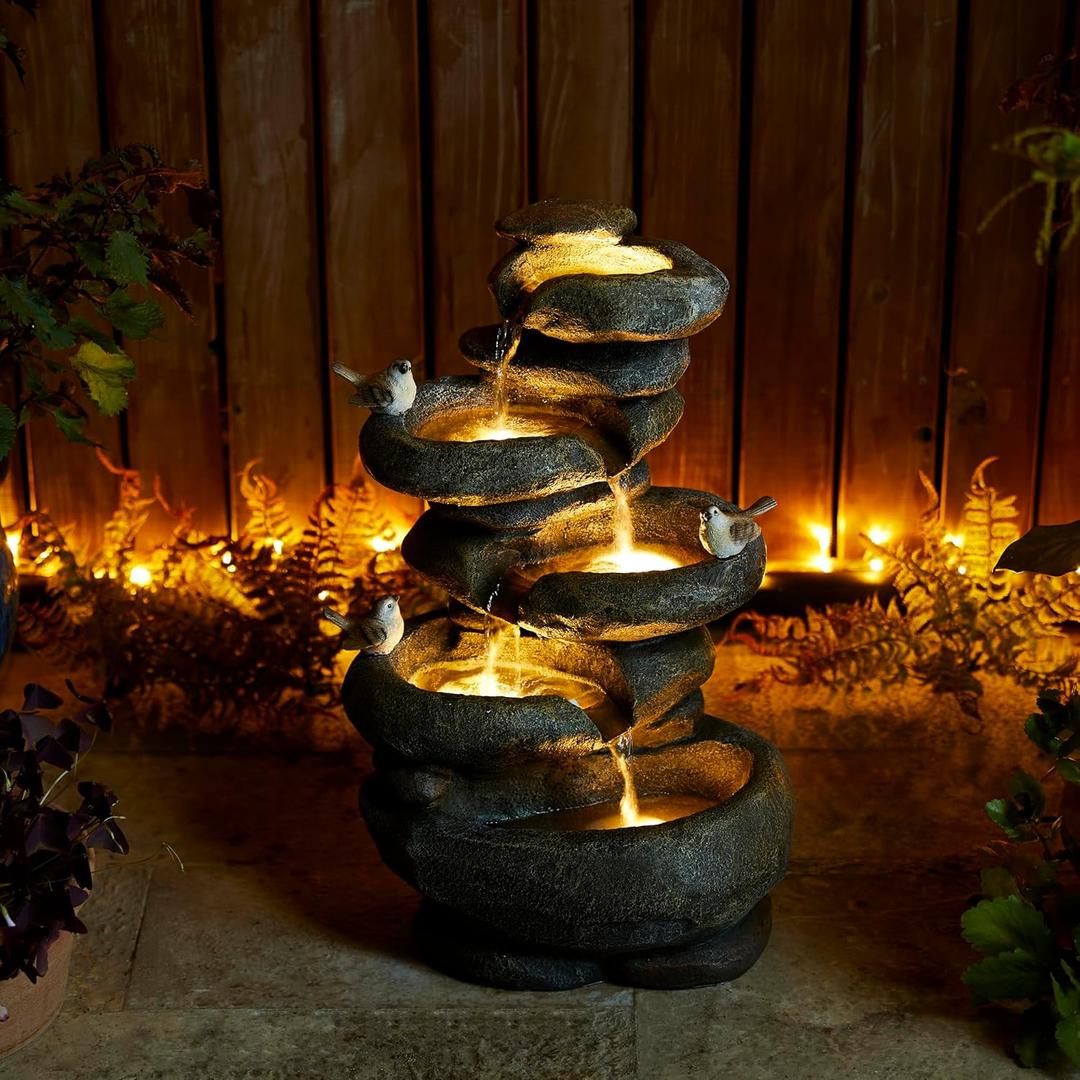 Glitzhome 5-Tier Cascading Rock Outdoor Water Fountain with LED Light & Pump, Natural Stacked Stone Look Water Fountain with Lively Birds for Garden, Patio, Porch, 23H