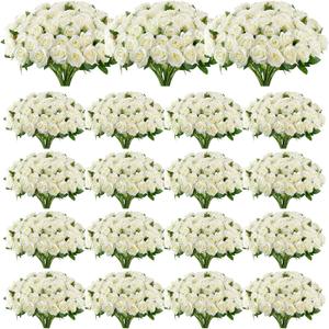 VZZNN 180 Pcs Artificial White Roses Bulk, Realistic Silk Fake Rose Flowers with Long Stems for Wedding Centerpieces, Bridal Bouquets, Party, and Home Decoration (White)
