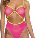 SHERRYLO Sheer One Piece Swimsuit for Women See Thru Bodysuit Monokini Sexy Mesh Thong Teddy Swimsuits One-Piece Micro Bikini (Large, Pink Chartreuse)