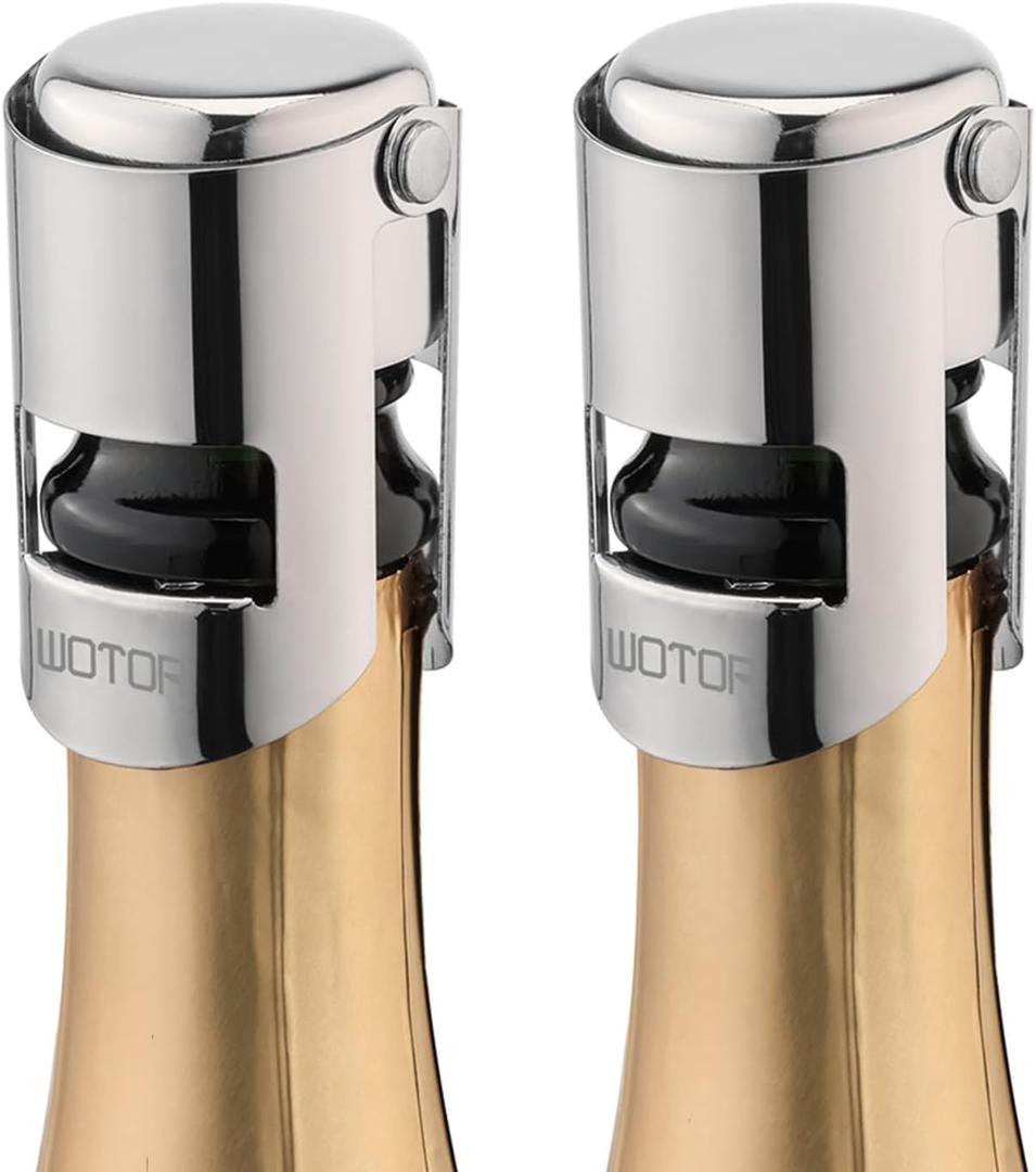 WOTOR Champagne Stoppers Stainless Steel, Prosecco Bottle Stopper with Food Grade Silicone, Reusable Champagne Cork & Saver, Leak proof Keep Fresh (Silver, 2 Pack)