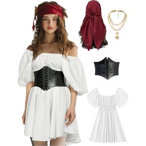 kasahara Womens Pirate Costume Outfit Sexy White Pirate Dress with Corset Necklace Bandana Headscarf Accessories 4pcs (Small)