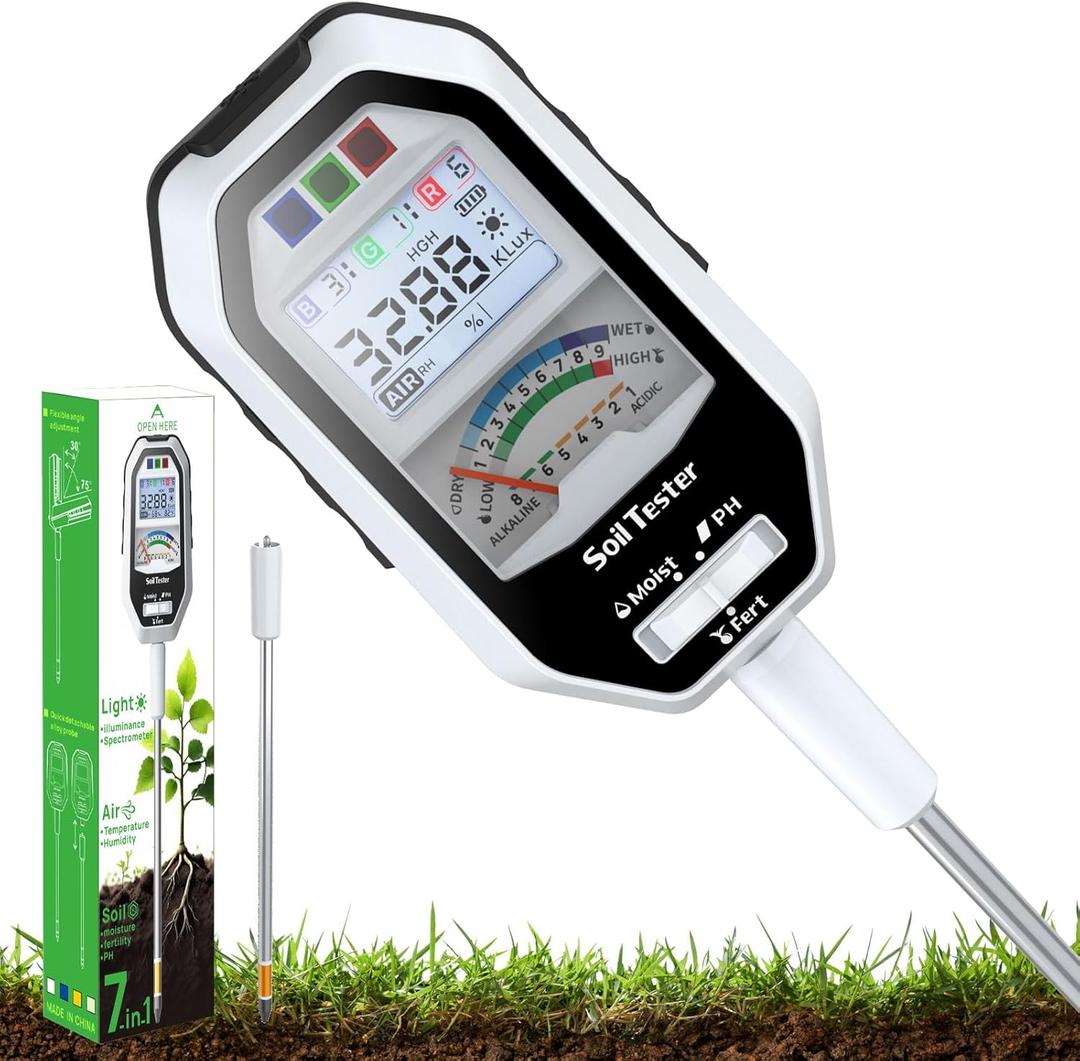 Soil Moisture Meter, 7-in-1 Soil PH Tester/Soil Moisture/Fertility with Removable Probe, Digital Air Temp/Humidity/Sunlight Intensity/BGR Spectral for Plants Gardening, Lawn and Indoor Outdoor Plants (White)
