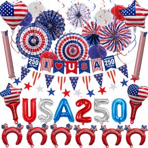 4 x 45Pcs 4th of July Decorations, Patriotic Red White Blue Party Set | USA bunting, paper fans, star streamers, swirls, 250 foil balloons and handheld cheering accents