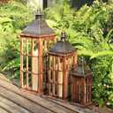 DECORKEY Large Farmhouse Wooden Metal Lantern Set of 3, 27''/22''/15'' H Rustic Decorative Indoor & Outdoor Hanging Candle Lanterns, Wooden Outdoor Lanterns for Patio Front Porch Table, Brown