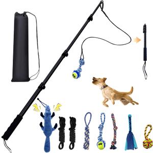 Flirt Pole for Dogs, Interactive Toys Tug-of-war for Dogs, Four-Section Retractable Adjustable Length, Chase Toys with Rope Chewing Sticks, for Outdoor Exercise & Training (50Inch Pole-Black)