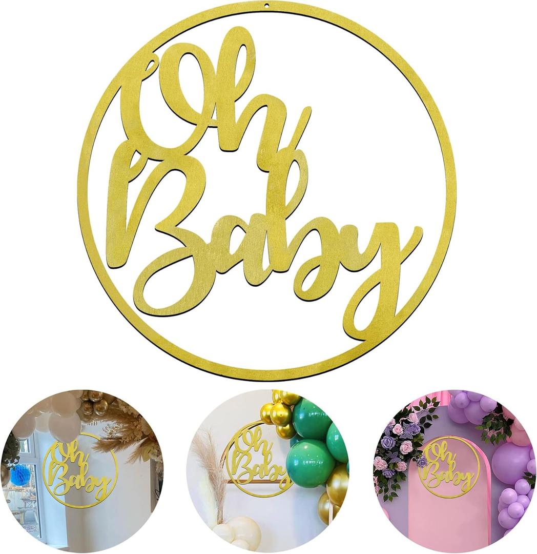 13.8in Oh Baby Sign for Baby Shower Backdrop Gold Wooden Baby Shower Banner Sign for 1st Birthday Backdrop, Oh Baby Wood Sign for Wall Photo Props, Baby Announcements (Gold)