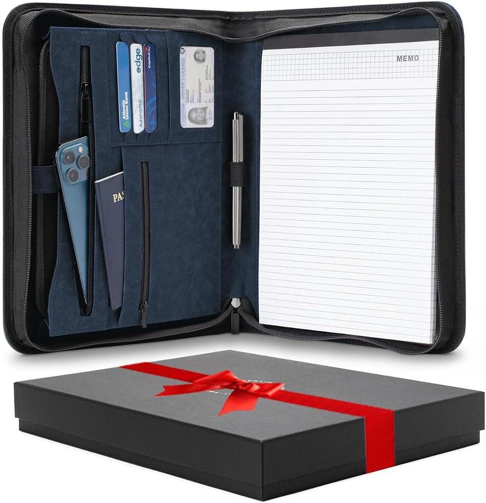 Forevermore Portfolios Padfolio Binder - Professional Faux Leather Travel Organizer Pouch for Tablet, Documents, Presentation Folders, Zipper Closure, Notepad - Blue