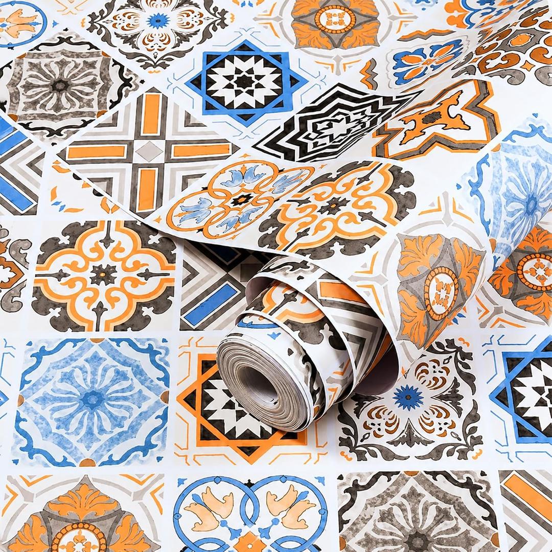 Self Adhesive Vinyl Flooring Roll, 23.6 in x 196.9 in Peel and Stick Vinyl Sheet Flooring, 32.3 Sq Ft Floor Covering for Kitchen, Bathroom, Laundry Room and Entryway (Moroccan Patchwork Tile Pattern)