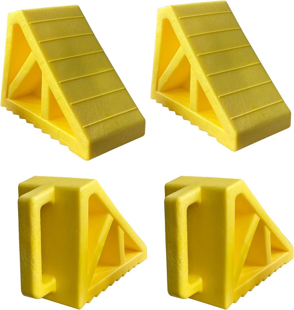 HOXWELL Wheel Chocks Premium, Heavy Duty Camper Vehicle Wedge Design with Black Rubber Bottom Chocks for Travel Trailers, Truck, Car, RV Yellow 4 Pcs