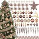 118 Pcs Christmas Tree Ornaments Set Including Ornaments Balls, Hanging Snowflakes Icicle, Mesh Ribbon, Tree Top Star, Flower, Berries Stems for Xmas Trees Holiday Decor(Brown)