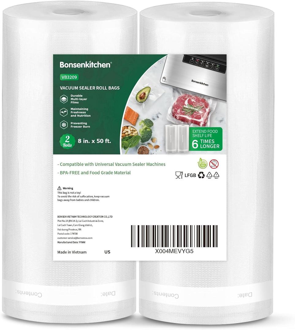 Bonsenkitchen Vacuum Sealer Bags, 8" x 50' Rolls 2 pack for Food Storage Saver, Bpa Free, Heavy Duty, Commercial Grade Textured Food Roll, Customized Size Bag for Sous Vide Cooking,VB3209
