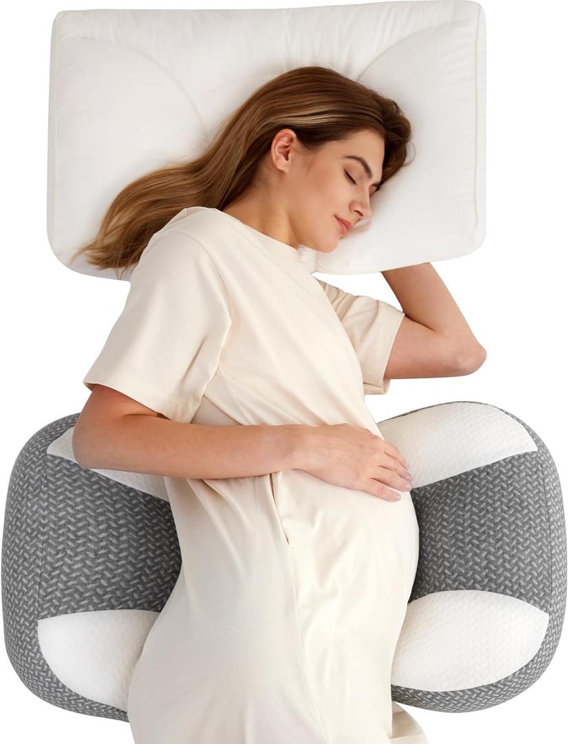 Momcozy Plus W Shaped Pregnancy Pillow for Sleeping - Adjustable Maternity Pillow for Side Sleepers - Portable Wedge Belly Support -Compact Design for Back Belly and HIPS, Grey White