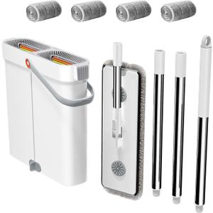 2025 New Mop and Bucket with Wringer Set for Home - Hands-Free Flat Floor Mop Bucket Wet Dry Use Floor Cleaning System for All Floor Types and Windows-4 pads (40'' Microfiber Mop and Bucket Set-4 Pads)