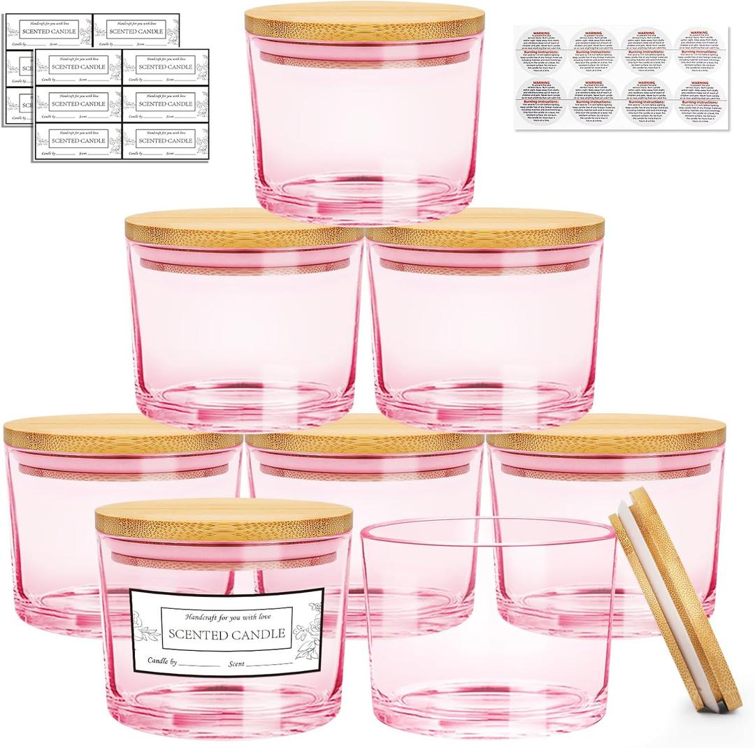 CONNOO 8 Pack 12 OZ Pink Glass Wide Mouth Candle Jars for Making Candles with Airtight Bamboo Lids Nice Sticky Warning Labels for Candle Making Empty Container Bulk - Dishwasher Safe