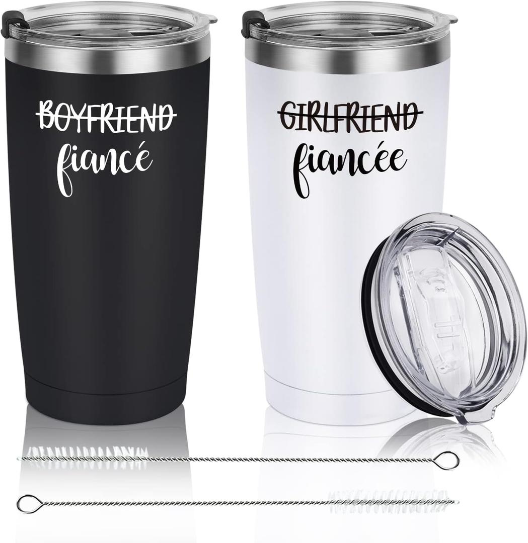 Engagement Gifts for Couples, Boyfriend and Girlfriend Travel Tumbler Set, Engaged Anniversary Ideas for Couples Fiance Fiancee Her Him Women Friend, 20oz Stainless Steel Insulated Tumbler with Lid (1-BLACK&WHITE)