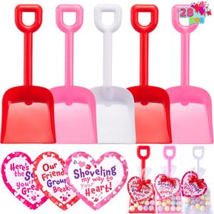 JOYIN 28 Plastic Toy Shovels in Pink Red and White for Valentines Day ,28 Cards with Ribbon for Kids Party Favor, Classroom Exchange Prizes, Valentines Gifts with Vibrant Color