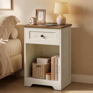 VASAGLE Nightstand with Charging Station, 1 Drawer and Open Shelf, 1 PACK-15.7"D x 11.8"W x 23.2"H
