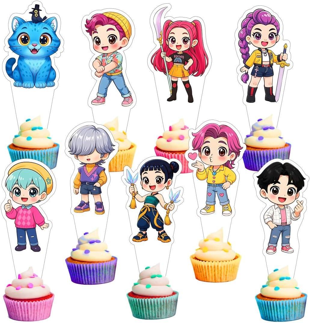 9pcs Demon Hunters Cake Decorations with Cupcake Toppers Party Supplies for Kpop Themed Birthday Decorations