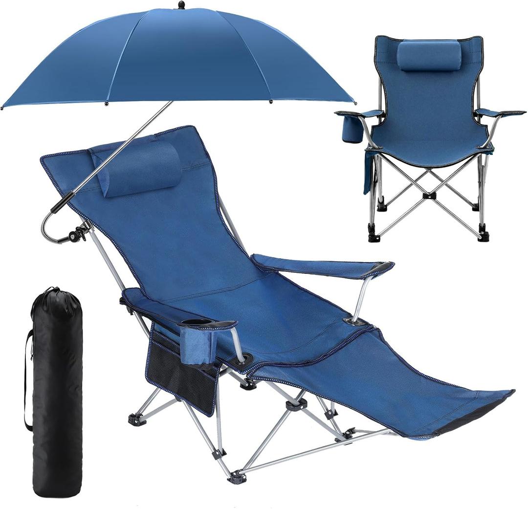 2-in-1 Reclining Camping Chair with 360 Umbrella Folding Lounge Beach Chair with Footrest and Universal Clamp UPF 50+ Adjustable Umbrella Portable Lightweight Seating for Adults Outdoor
