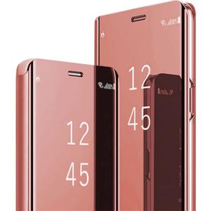 Z Fold 6 Case Compatible for Samsung Galaxy Z Fold6 5G Cell Phone Case with Kickstand, PU Leather, Clear View Mirror Flip Cover Shockproof Protective Cover for Samsung Z Fold 6 5G 7.6-inch (Rose Gold)