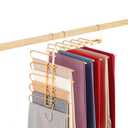 Pants Hangers Space Saving, Closet Hangers 5 Layers 2 Uses Multi Functional Pants Rack, Metal Heavy Duty Wardrobe Organizer Racks for Clothes Trousers Scarves Ties (Gold)