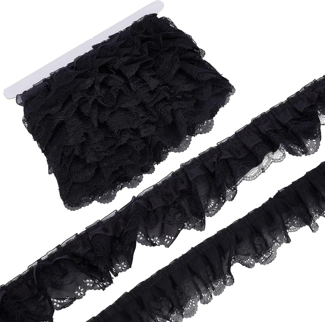 10 Yards 2.56 Inch 3 Layer Pleated Chiffon Flower Lace Trim, Gathered Ruffle Trims Organza Edge Ribbon, Ruffles Edging Trimming for Sewing DIY Crafts Wedding Dress Decor