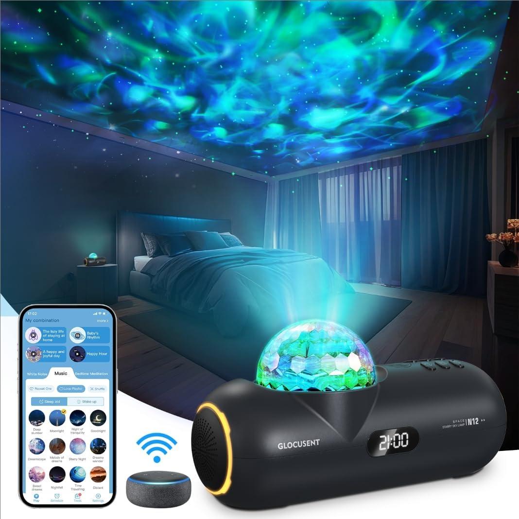 Glocusent Star Projector: 60 Soothing Sounds White Noise Sound Machine with HiFi Bluetooth Speaker for Bedroom - Galaxy Projector Work with App(2.4Ghz WiFi), Gifts for Adults Kids Birthday (Black)