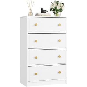 Nicehill White Chest of Drawers with 4 Drawers, Wooden Frame & Gold Handles, Fabric Chest of Drawers for Bedroom, Living Room, Hallway, Entryway, White