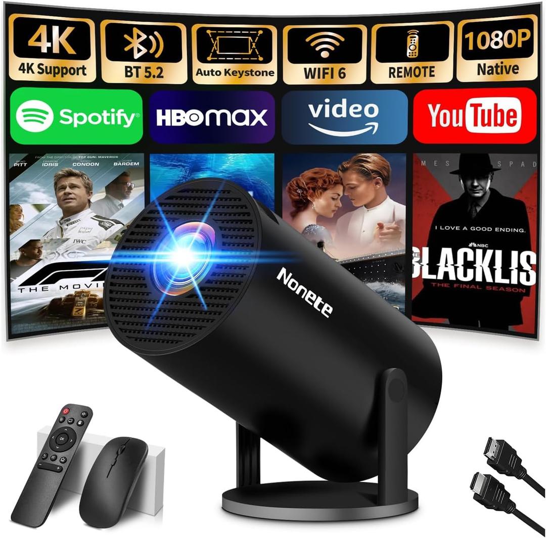 [2026 Upgraded] Mini Projector 4K Supported 1080P FHD - Auto Keystone 270 Rotatable, WiFi 6 & Bluetooth 5.2, Smart Android TV OS, Portable Projector Compatible with HDMI/TV Stick/Laptop/Phone(Black)