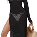 Pink Queen Swimsuit Coverup for Women 2025 Crochet Long Sleeve Hollow Out Mesh Knit Beach Cover Up Size M