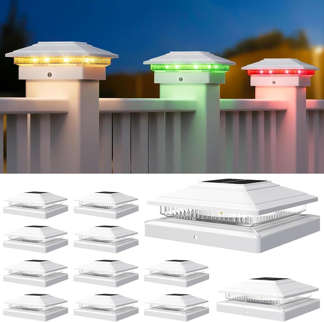 APONUO Solar Post Cap Lights Color Changing 12 Pack - RGB 8 Solid & Gradient Colors, IP65 Waterproof, for 4x4 5x5 6x6 Wood Vinyl Fences, Deck, Patio, Yard (White)