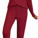 Ekouaer Womens Ribbed Knit Pajama Sets 2 Piece Jogger Pjs Long Sleeve Sleepwear Round Neck Soft Lounge Sets with Pockets (X-Large, Wine Red)