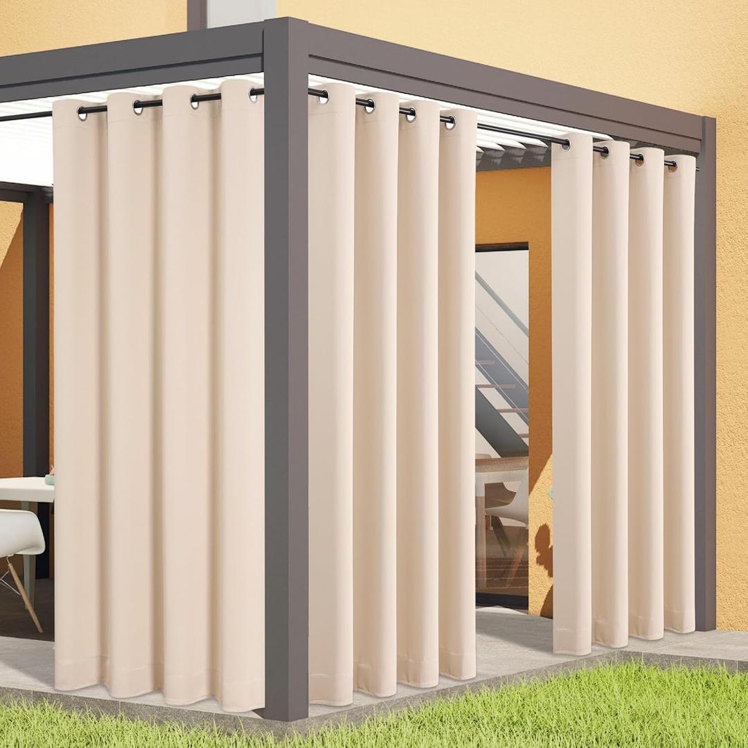 Flyfun Outdoor Curtains for Patio Waterproof - Weatherproof Porch & Gazebo Curtains, Grommet Top and Tab Bottom Drape,2 Panel, 52" W x 96" L, Beige