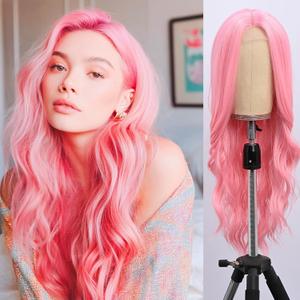 Long Pink Wig for Women Middle Part Pink Wavy Wigs Natural Looking Synthetic Heat Resistant Fiber Wigs for Halloween Costumes Cosplay Daily Use(26 Inch)