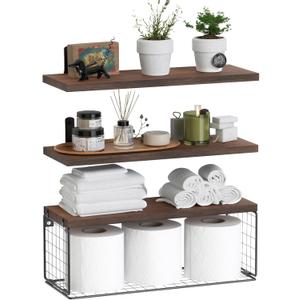 WOPITUES Bathroom Shelf Over Toilet, Floating Bathroom Shelf Wall Mounted with Wire Basket, Floating Shelf for Wall Dcor-Rustic Brown (16.5inch, Rustic Brown)