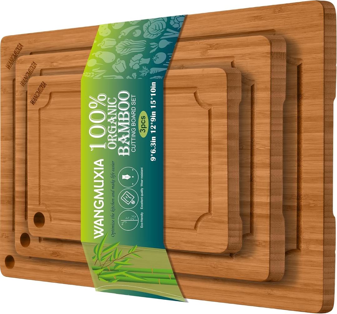 Durable Bamboo Cutting Boards for Kitchen  3-Piece Set with Deep Juice Grooves, Carbonized Surface & Heavy-Duty Design, Perfect for Charcuterie, Meat, and Vegetables