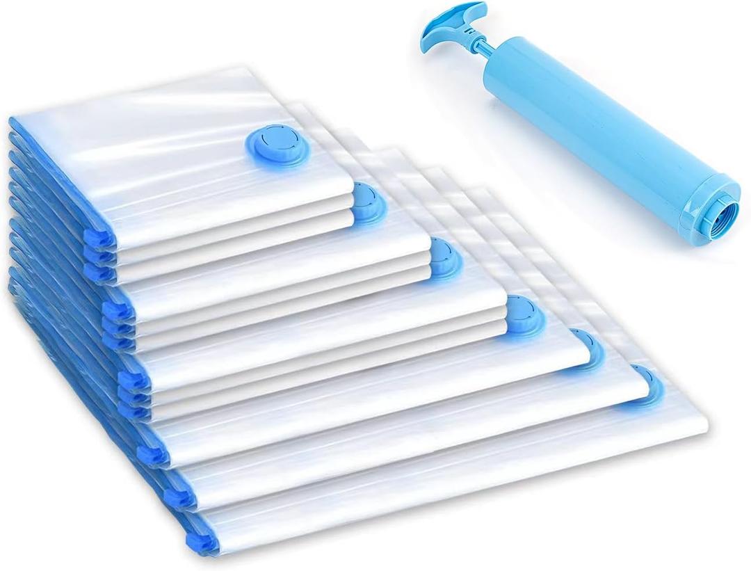 12 Pack Vacuum Moving Bags (1 Max plus/1 Max/1 Jumbo/3 Large/3 Medium/3 Small), Sturdy and Durable, Clothes Storage Bags,College Supplies Packing Bag, Hand Pump Included (Transparency)