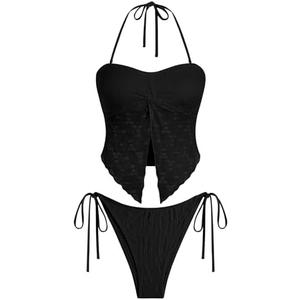 ZAFUL Floral Twist Bikini Set for Women Halter Tankini Tie Side String Swimsuit Two Piece Bathing Suit Large