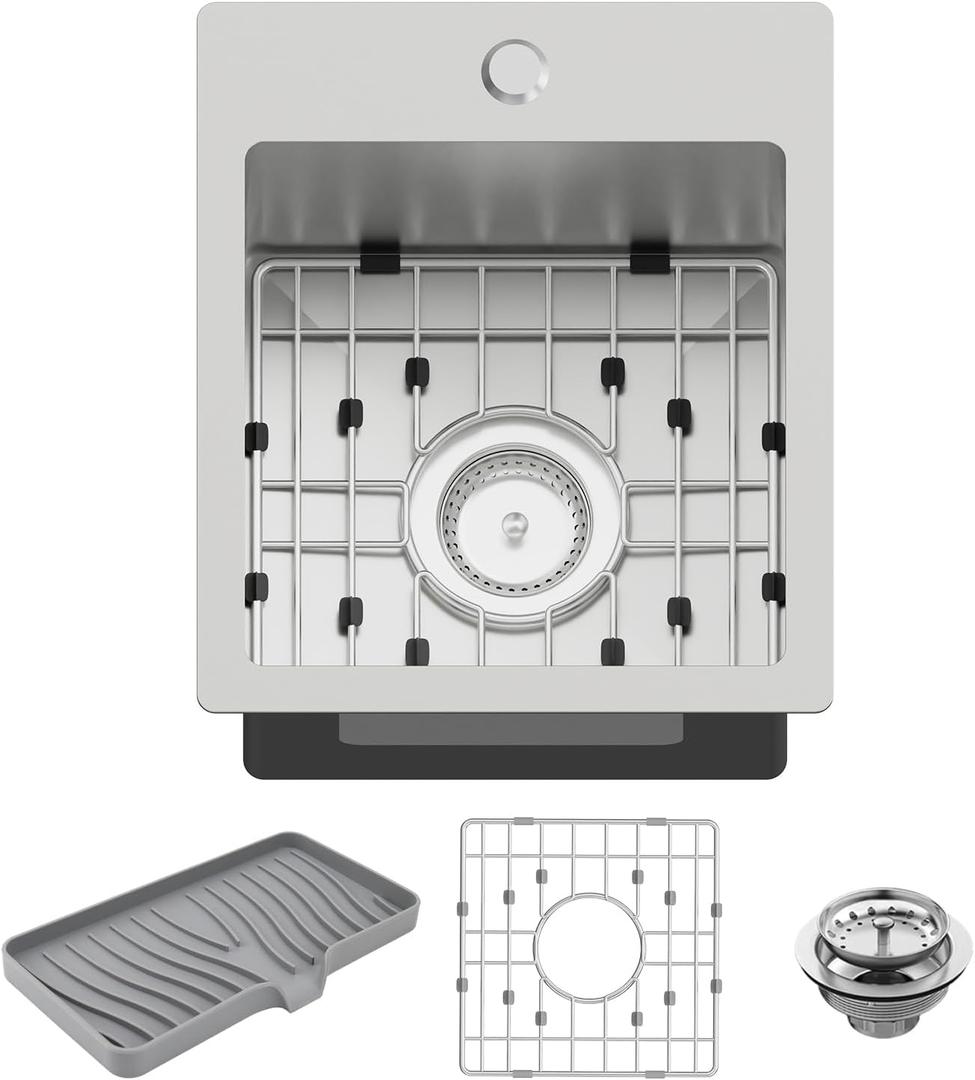 Small Kitchen Sink,13x15 Inch Bar Sink Stainless Steel Drop In Small Kitchen Sink Ideal Choice For Small Space Nice As Toprmount Prep Sink,RV Kitchen Sink With Bottom Grid,Soap Mat And Drain Assembly, 13x15x9 Inches