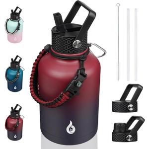 BJPKPK Insulated Water Bottles with Straw Lid, 50oz Large Water Bottle with 3 Lids and Paracord Strap, Stainless Steel Metal Water Bottle, Insulated Water Jug, Charming Red