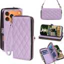 Rssviss Crossbody Case for iPhone 17 Pro Max Case Wallet, RFID Blocking Leather with Card Holder Kickstand, Handbag Zipper Flip Cover with Wrist Strap for iPhone 17 Pro Max Men Women 6.9", Purple