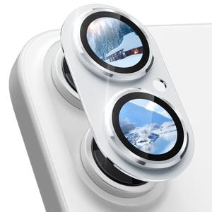 imluckies Alloy Metal Camera Lens Protector for iPhone 16 / iPhone 16 Plus, AR AF Tempered Glass, Ultra HD, 9H Camera protector, Anti-Scratch, Strong Adhesion, Case Friendly, Silver, Set of 2