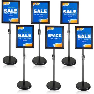 6 Pack Sign Holder Stand - 8.5 11 inch Standing Display Sign Stand, Adjustable Poster Sign Holder Heavy Duty Pedestal Floor Sign Stand, Snap Open Frame for Vertical & Horizontal View, Black