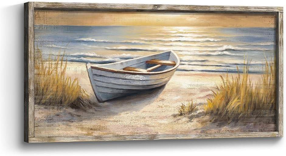 Beach Coastal Framed Wall Art: Ocean Boat Painting Sea Sunset Scenery Wooden Print Picture Seaside Seascape Grass Artwork Decor for Living Room Bedroom 40x20