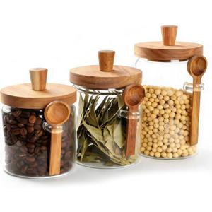 3 Pcs Glass Jars Containers with Wooden Handles Lids and Scoop Glass Food Storage Canisters, Glass Jars for Coffee Beans,Tea,Nut Candy,Sugar (14oz/20oz/30oz)
