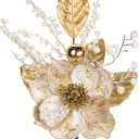 Briful 3PCS Christmas Glitter Magnolia Flowers Picks and Spray with Christmas Balls Ornament Berries Gold Leaves Branches for Xmas Tree Wreath Vase Centerpiece Floral Arrangement (White Gold)