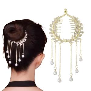 Rannyrena Pearls Tassel Rhinestone Ponytail Claw Clip for Women Crystal Bow Ponytail Bauckle Buns Hair Holder Sparkling Metal Hair Bun Accessories (Gold Ear of Wheat)