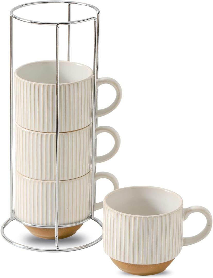 Ceramic Coffee Mugs with Stand,15 Oz Stackable Coffee Cups Set of 4 for Latte,Milk,Tea,Gift for Thanksgiving Christmas Housewarming,Dishwasher & Microwave Safe,White Patchwork Color (White Patchwork Color)