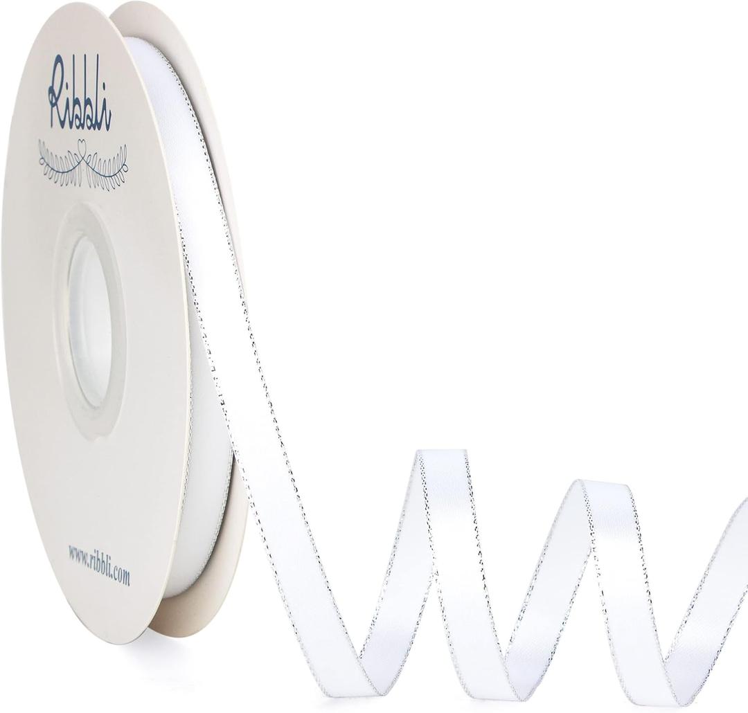 Ribbli White Satin Ribbon with Silver Edge,Double Faced Satin 3/8 inch x Continuous 50 Yards, White Ribbon Use for Crafts, Gift Wrapping, Wedding Card Decoration